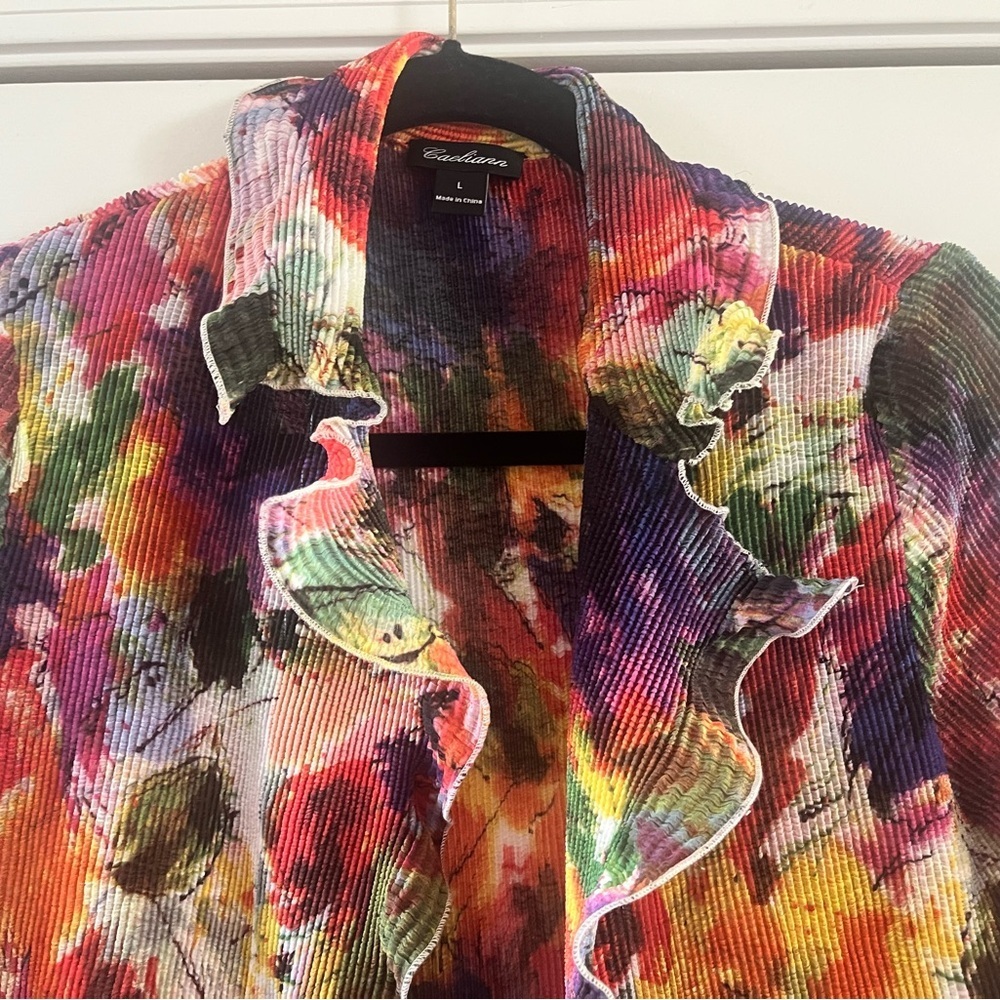 Colorful Floral Midi Dress with Ruffled Cardigan - Picture 6 of 7